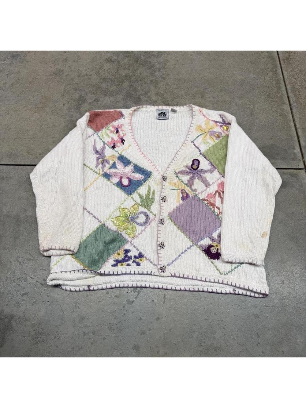 vintage white floral argyle knit cardigan sweater size xl WOMENS HAS STAINS